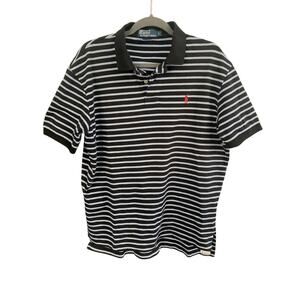 Vintage Polo Ralph Lauren Black‎ And Blue Striped Shirt Mens Large Red Pony
